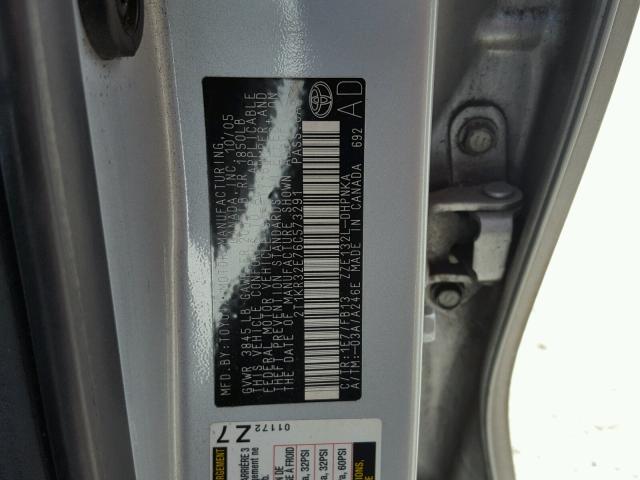 2T1KR32E76C573291 - 2006 TOYOTA COROLLA MA SILVER photo 10