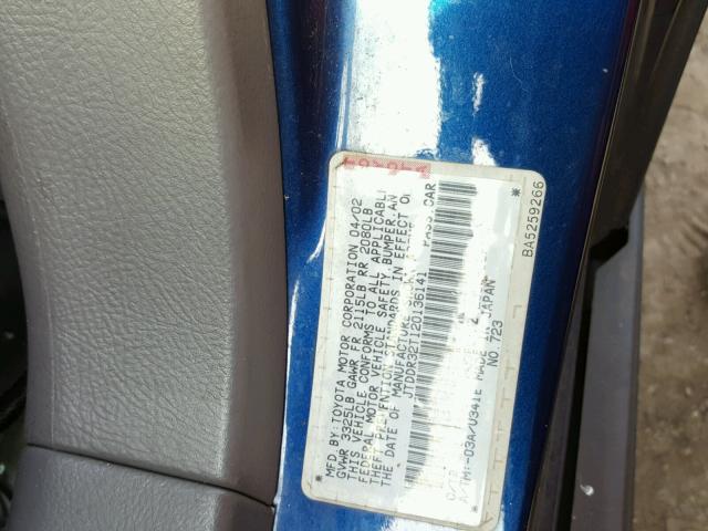 JTDDR32T120136141 - 2002 TOYOTA CELICA GT BLUE photo 10