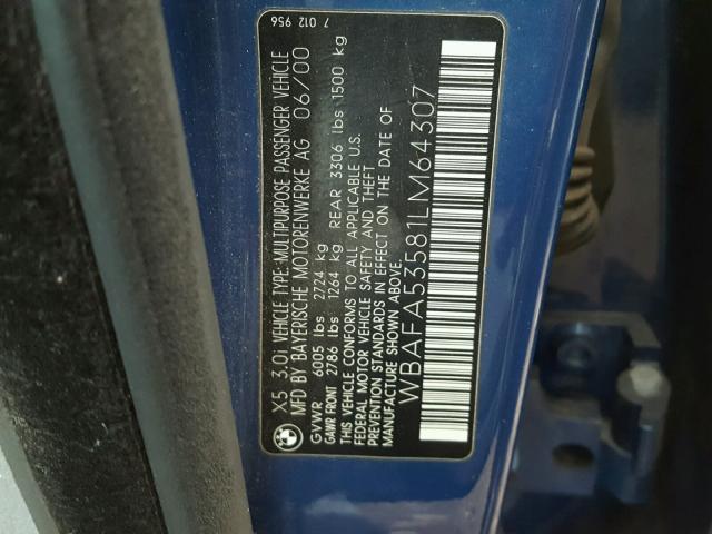 WBAFA53581LM64307 - 2001 BMW X5 BLUE photo 10