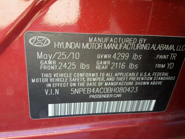 5NPEB4AC0BH080423 - 2011 HYUNDAI SONATA GLS RED photo 10