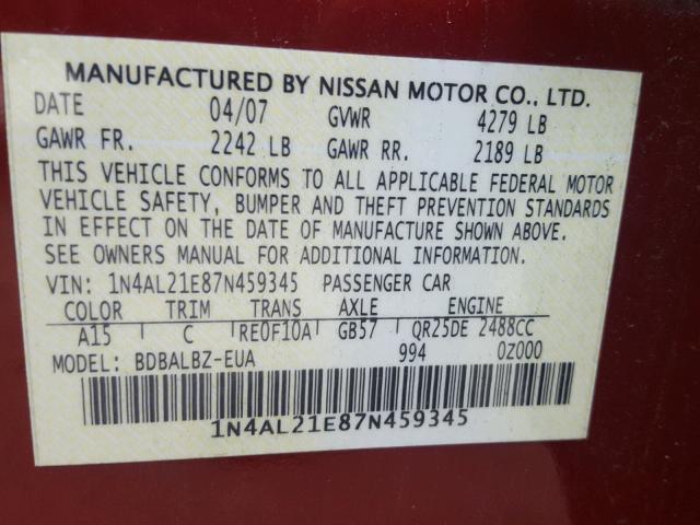 1N4AL21E87N459345 - 2007 NISSAN ALTIMA 2.5 BURGUNDY photo 10