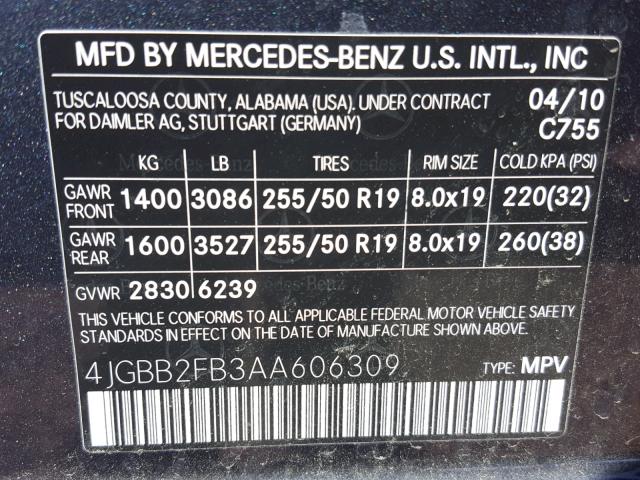 4JGBB2FB3AA606309 - 2010 MERCEDES-BENZ ML 350 BLU GRAY photo 10