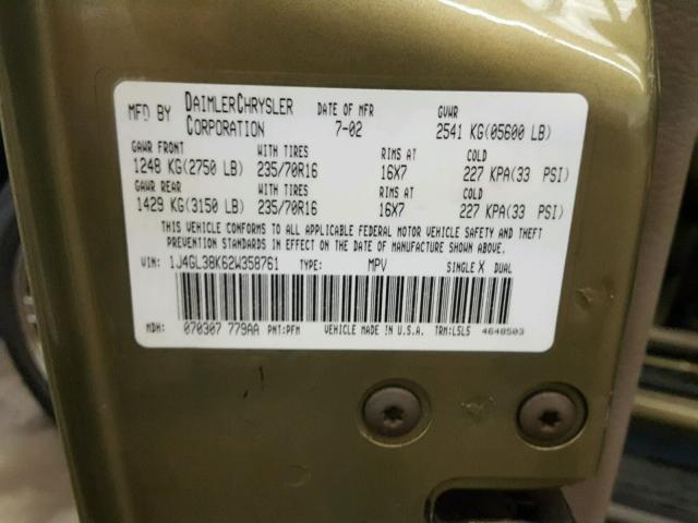 1J4GL38K62W358761 - 2002 JEEP LIBERTY RE GREEN photo 10