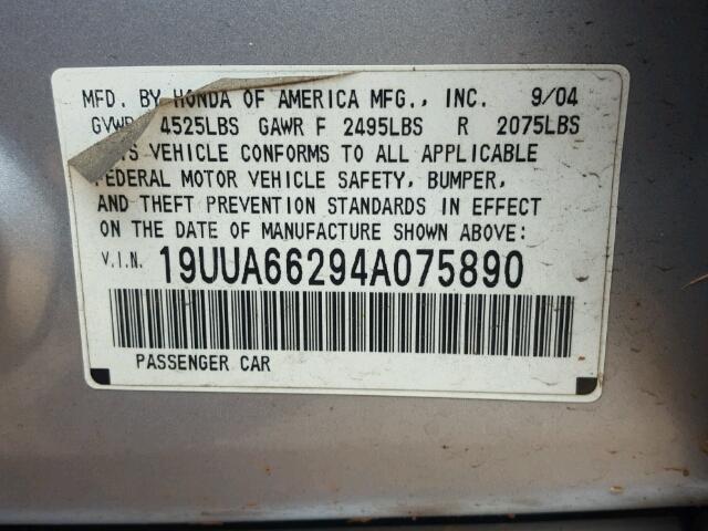 19UUA66294A075890 - 2004 ACURA TL SILVER photo 10