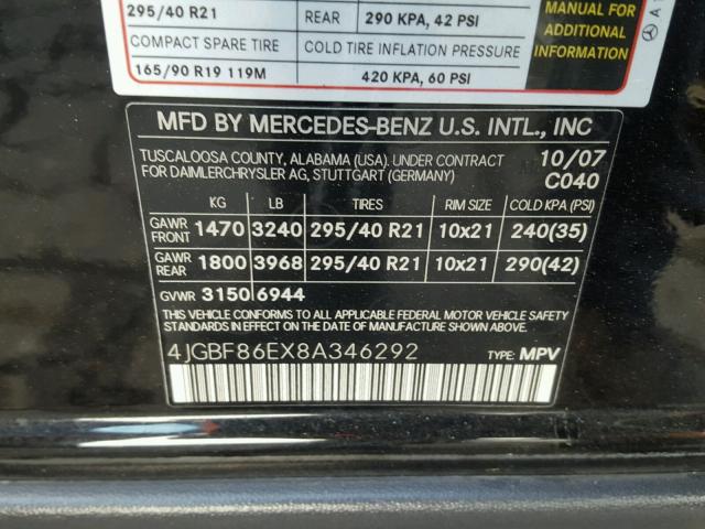 4JGBF86EX8A346292 - 2008 MERCEDES-BENZ GL 550 4MA BLACK photo 10