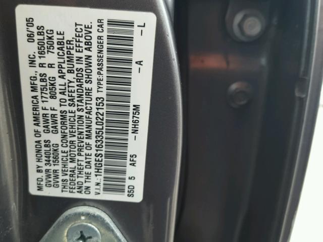 1HGES16335L022153 - 2005 HONDA CIVIC GRAY photo 10