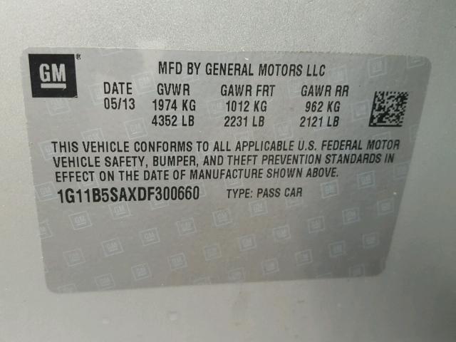 1G11B5SAXDF300660 - 2013 CHEVROLET MALIBU LS ვერცხლისფერი ფოტო 10