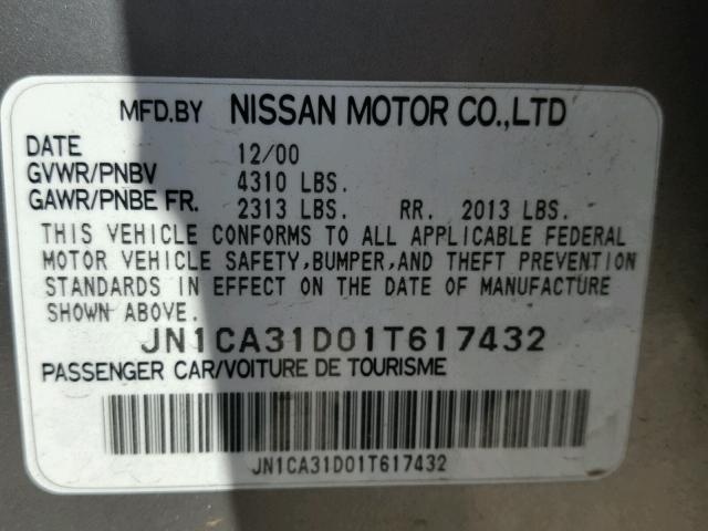 JN1CA31D01T617432 - 2001 NISSAN MAXIMA GXE GOLD photo 10