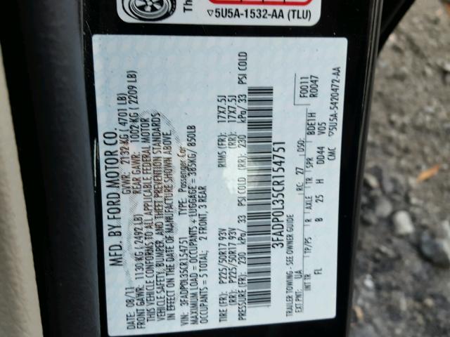 3FADP0L35CR154751 - 2012 FORD FUSION HYB BLACK photo 10