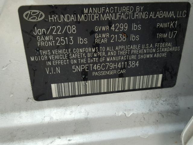 5NPET46C79H411384 - 2009 HYUNDAI SONATA SILVER photo 10