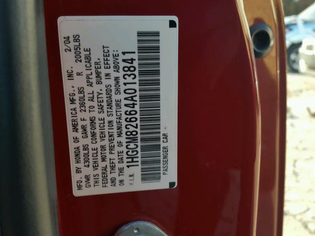 1HGCM82664A013841 - 2004 HONDA ACCORD EX RED photo 10