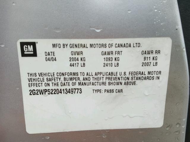 2G2WP522041349773 - 2004 PONTIAC GRAND PRIX SILVER photo 10