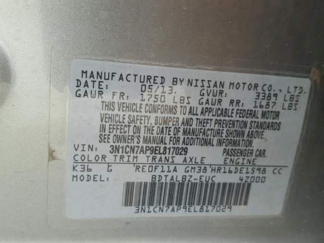 3N1CN7AP9EL817029 - 2014 NISSAN VERSA S GRAY photo 10