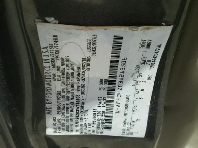 1FAFP34Z03W213506 - 2003 FORD FOCUS GRAY photo 10
