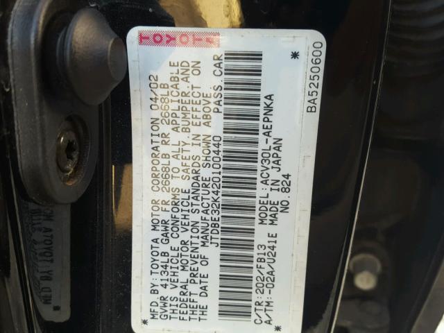 JTDBE32K420100440 - 2002 TOYOTA CAMRY LE 黑色 照片 10