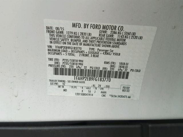 1FAHP2E89FG183770 - 2015 FORD TAURUS SEL WHITE photo 10