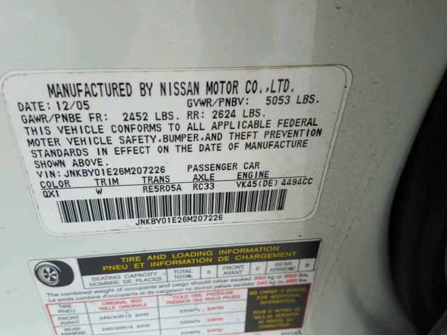 JNKBY01E26M207226 - 2006 INFINITI M45 WHITE photo 10