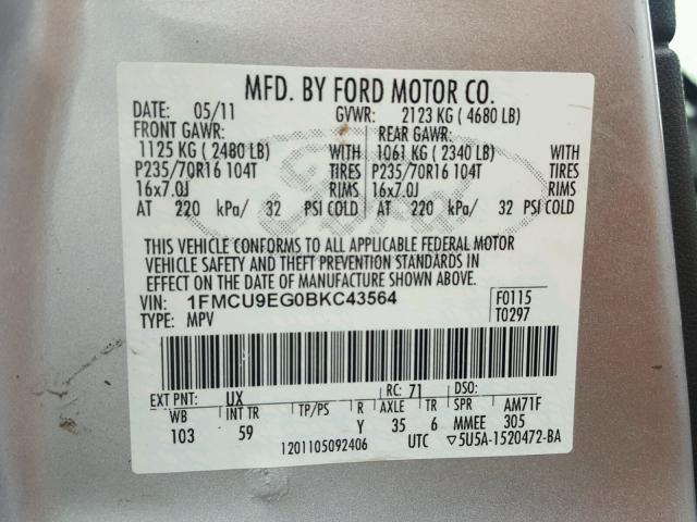 1FMCU9EG0BKC43564 - 2011 FORD ESCAPE GRAY photo 10