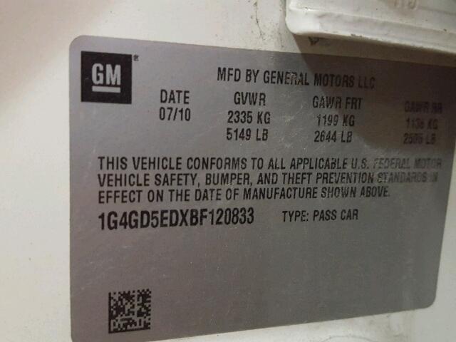 1G4GD5EDXBF120833 - 2011 BUICK LACROSSE C WHITE photo 10