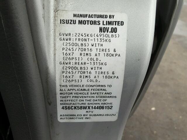 4S6CK58WX14406152 - 2001 HONDA PASSPORT E 银色 照片 10