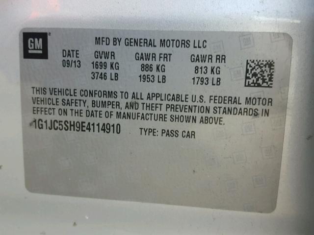 1G1JC5SH9E4114910 - 2014 CHEVROLET SONIC LT SILVER photo 10