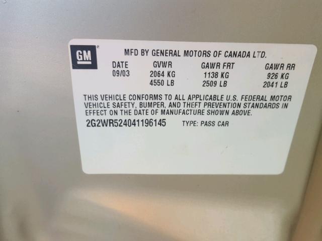 2G2WR524041196145 - 2004 PONTIAC GRAND PRIX TAN photo 10