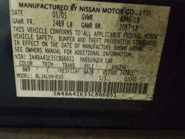 1N4BA41E35C866651 - 2005 NISSAN MAXIMA SE BLUE photo 10