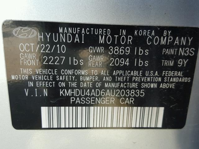 KMHDU4AD6AU203835 - 2010 HYUNDAI ELANTRA SILVER photo 10