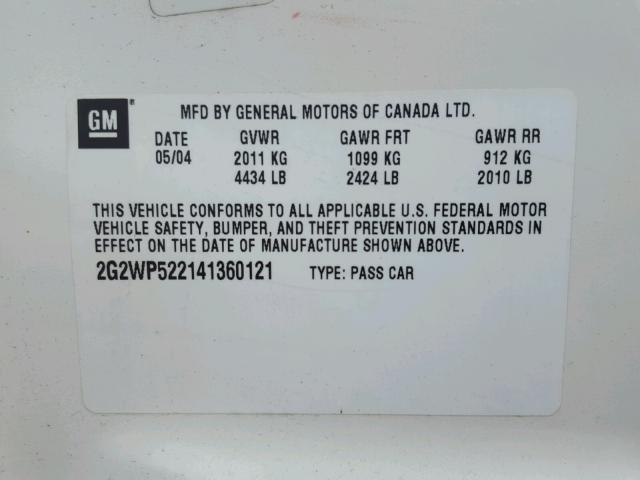 2G2WP522141360121 - 2004 PONTIAC GRAND PRIX WHITE photo 10