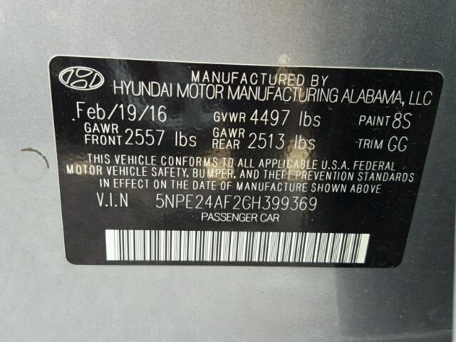 5NPE24AF2GH399369 - 2016 HYUNDAI SONATA SILVER photo 10