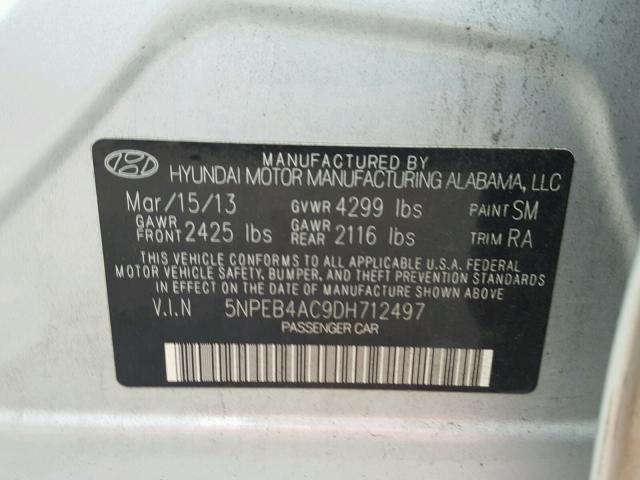 5NPEB4AC9DH712497 - 2013 HYUNDAI SONATA GLS SILVER photo 10