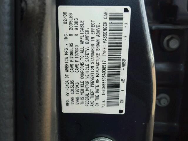 1HGCM66506A038517 - 2006 HONDA ACCORD EX GRAY photo 10