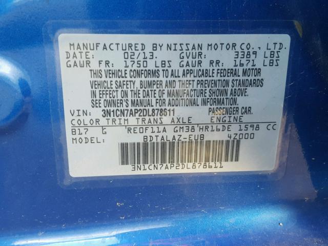 3N1CN7AP2DL878611 - 2013 NISSAN VERSA S BLUE photo 10