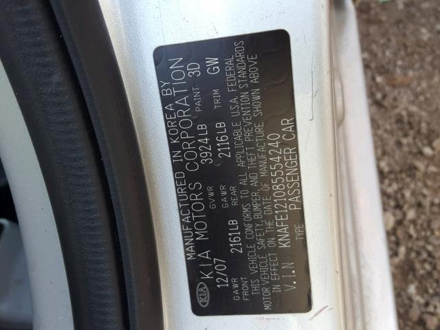 KNAFE121085554240 - 2008 KIA SPECTRA EX SILVER photo 10