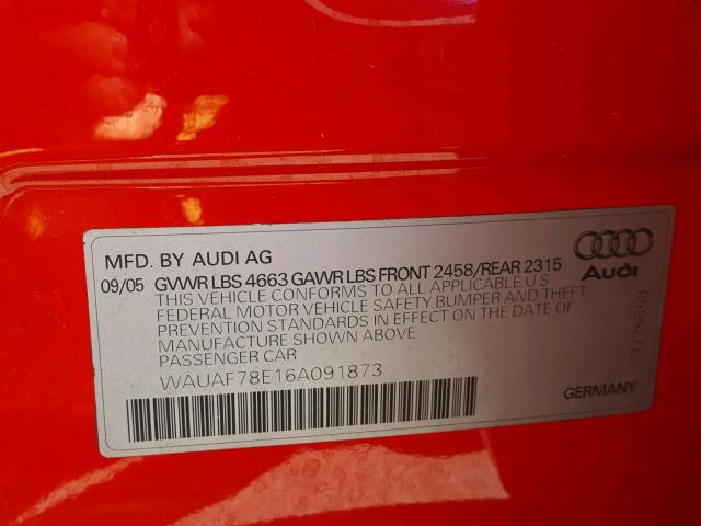 WAUAF78E16A091873 - 2006 AUDI A4 2 RED photo 10