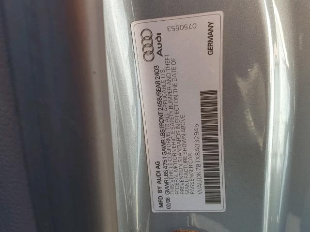 WAUDK78TX8A032945 - 2008 AUDI A5 QUATTRO SILVER photo 10