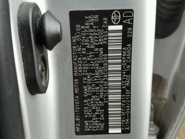 2T1LE40E39C008369 - 2009 TOYOTA COROLLA MA SILVER photo 10