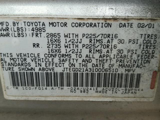 JTEGD21A310006510 - 2001 TOYOTA HIGHLANDER SILVER photo 10