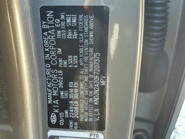 KNDJN2A20F7207375 - 2015 KIA SOUL GRAY photo 10