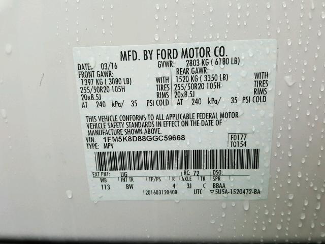 1FM5K8D88GGC59668 - 2016 FORD EXPLORER X WHITE photo 10