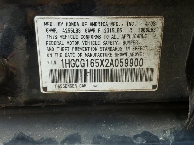 1HGCG165X2A059900 - 2002 HONDA ACCORD EX BLACK photo 10