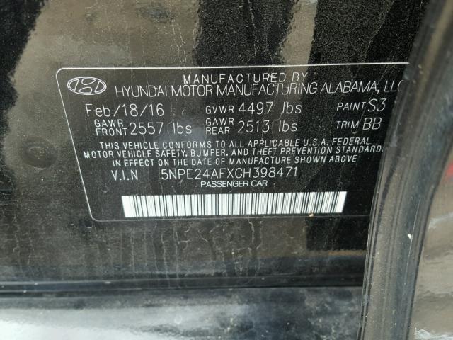 5NPE24AFXGH398471 - 2016 HYUNDAI SONATA SE BLACK photo 10