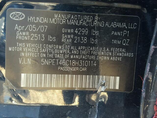 5NPET46C18H310114 - 2008 HYUNDAI SONATA GLS BLACK photo 10