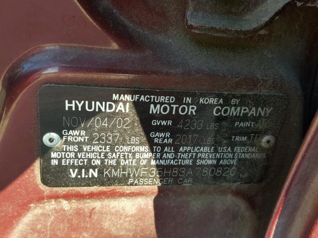 KMHWF35H83A780820 - 2003 HYUNDAI SONATA GLS BURGUNDY photo 10