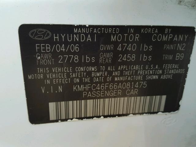 KMHFC46F66A081475 - 2006 HYUNDAI AZERA SE WHITE photo 10