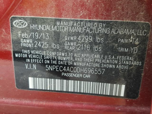 5NPEC4AC0DH696557 - 2013 HYUNDAI SONATA SE MAROON photo 10