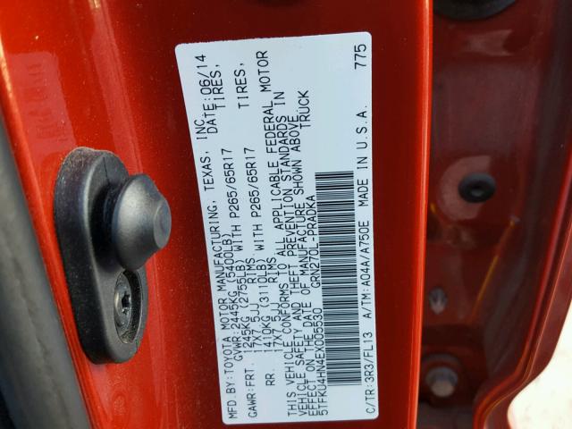 5TFKU4HN4EX005530 - 2014 TOYOTA TACOMA DOU RED photo 10