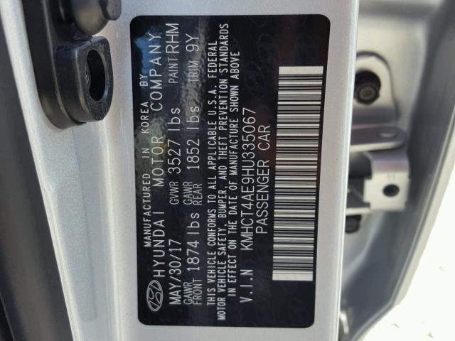 KMHCT4AE9HU335067 - 2017 HYUNDAI ACCENT SILVER photo 10