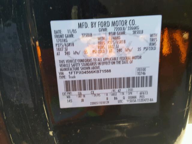 1FTPX04566KB71588 - 2006 FORD F150 BLACK photo 10