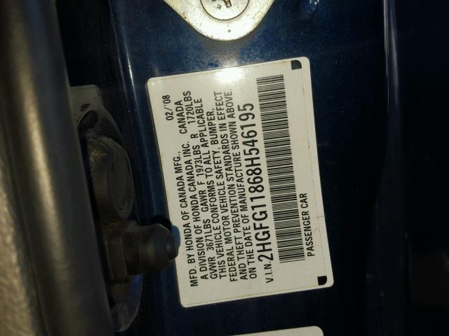 2HGFG11868H546195 - 2008 HONDA CIVIC BLUE photo 10